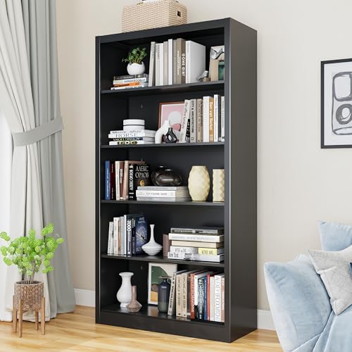 Image of 66 inch Tall Metal Bookcase, 5 Shelf Heavy Duty Bookcase with Adjustable Shelves, Large Book Storage Shelf for Living Room, Home Office, Library, Black
