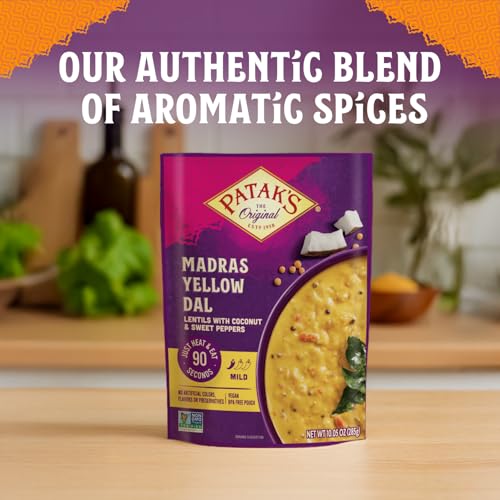 Image of Patak's Madras Yellow Dal - Savory Yellow Lentils in Creamy Coconut Milk w /Sweet Peppers & Spices - Vegan Microwaveable Meal for Quick Lunches or Dinners - Serve w /Rice or Naan - 10.05oz (Pack of 6)