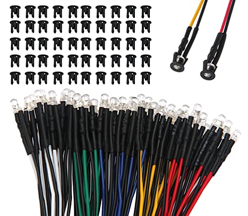 Lyeteung 50 Piezas 3mm 12V LED de Diodo Pre Cableado, Blanco Rojo Amarillo Azul Verde, 20cm Precableado LED Diodos Emisores de Luz + 50 Piezas 3mm Plástico Soporte de LED