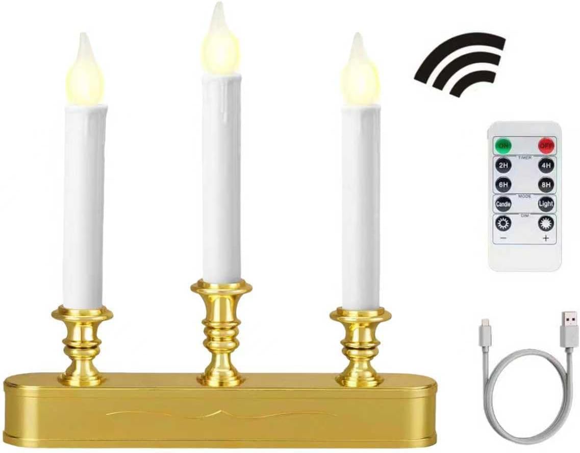 Rechargeable LED Window Candles with Remote, 3 Tier Flameless Candelabra with Timer, USB-C Charging, Dimmable Warm Glow Flickering Electric Candles for Christmas, Wedding, Home Decor (Bronze Base)