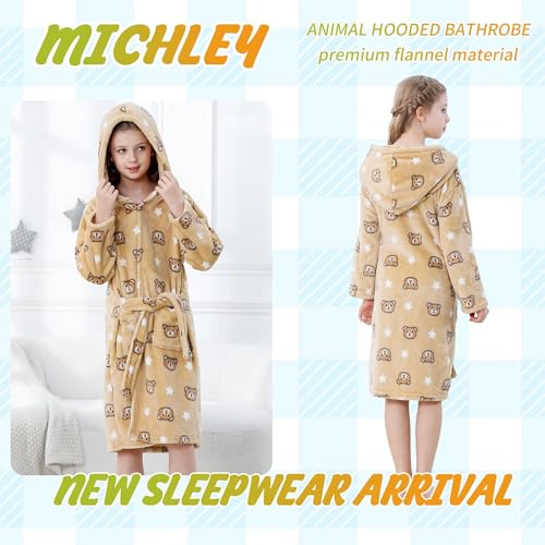 Image of MICHLEY Unisex Boys Girls Hooded Bathrobe Soft Fuzzy Toddler Cartoon Robe Animal Plush Sleepwear for Kids 3-13 Years