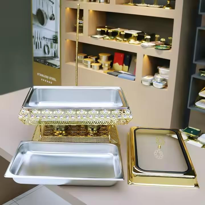 9QT Gold Chafing Dishes for Buffet, Gold Chafing Dishes with Hanging Lid, Rectangular Chafers and Buffet Warmers Sets with Glass Lid & Gold Diamond for Parties Weddings Catering Events