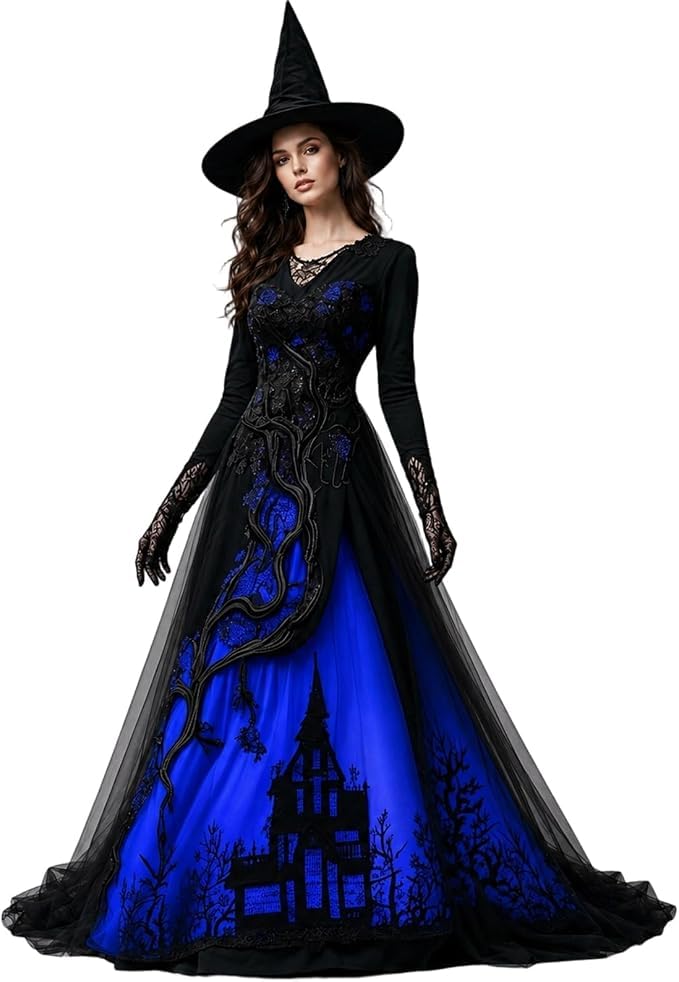 Gothic Dress Womens Halloween Costume Adult Medieval Lace and Chiffon Vampire Costume, Vintage Renaissance Medieval, Day Of the Dead Outfit, Party Dresses for Women