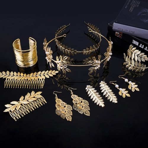 Costume Déesse Grecque – 14 Pièces (couronne Laurier, Bracelets, Boucles D’oreilles, Ceinture) – Pour Mariage, Fête, Cosplay