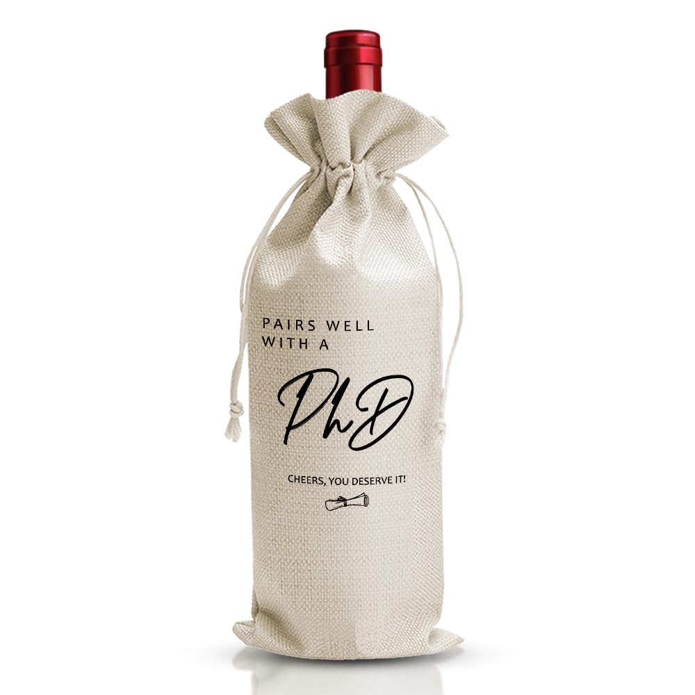 DOI-LANEEPHD Graduation Gift Wine Bag, Doctorate Gifts For Best Friend Her Him Doctor, Med School Farewell Graduation Party Favors Supply, Pairs Well With Doctorate Degree, Reusable Linen Wine Bag