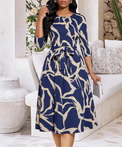 Image of Casual Dresses for Women Midi Church A-Line Fit and Flare Dress Crewneck 3 /4 Sleeve Party Dress
