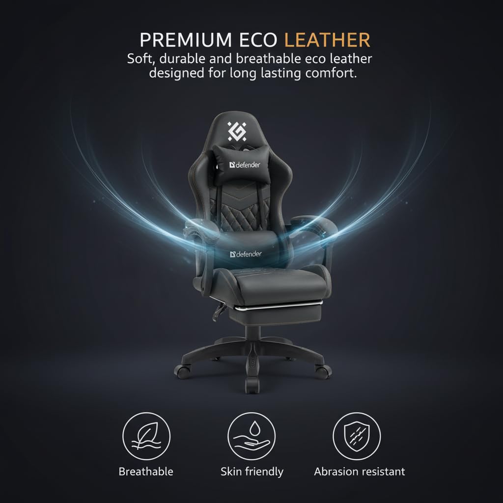 Defender® Gaming Stuhl, Ergonomischer PC Stuhl, bequemer Bürostuhl für Home Office oder Gamer-Sessel, Kopfkissen, Höhenverstellbar, Computerstuhl, PVC-Leder, Schwarz