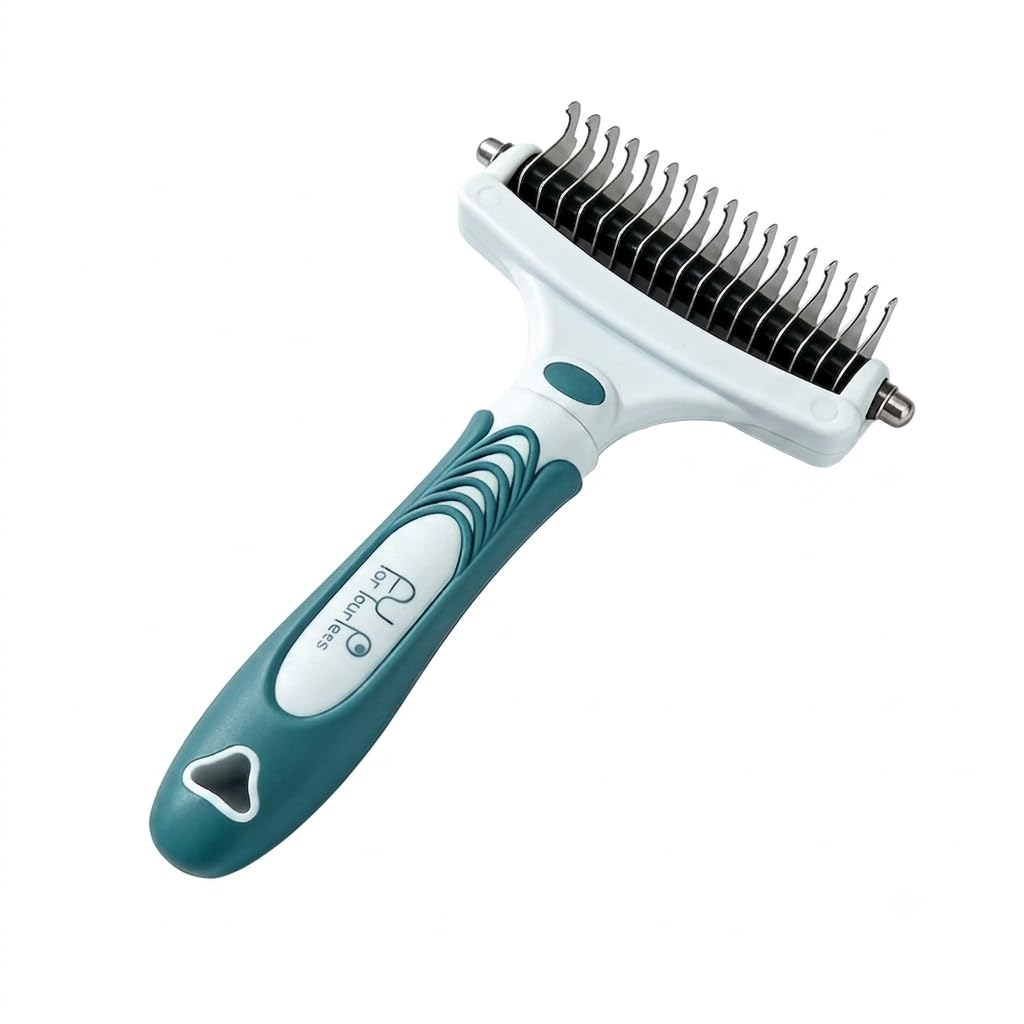 Dog & Cat Grooming Rake Comb, Stainless Steel Pet Deshedding Tool, Undercoat Remover & Detangling Brush for Long, Thick & Double Coats with Ergonomic Non-Slip Handle