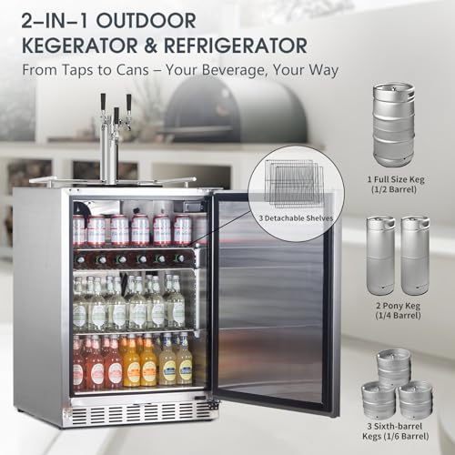 HCK Kegerator, 24 Inch Outdoor Kegerator for Patio with 3 Taps, Full Size Beer Dispenser and Beverage Refrigerator with Auto Defrost & Reversible Stainless Steel Door, Ideal for Home Bars - Image 4