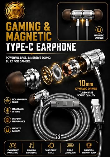 Image of ZedPunch Gaming Type-C Wired Earphone with Mic, 10mm Dynamic Bass Driver, Magnetic in-Ear Headphones, Low Latency Sound for Gaming, 1 Button Control, HD Calling, Voice Assistant (Silver Grey)