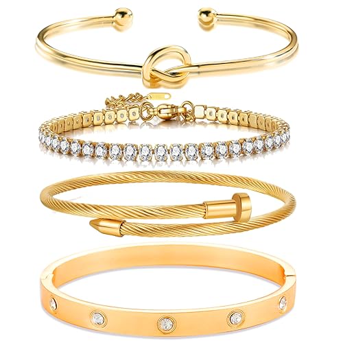 Lamdo 18K Nail Love Bangle Bracelet Set, Cubic Zircon Stacked Flexible Wide Wristband for Women - Gifts for Women's Day and Mother's Day - Main Image