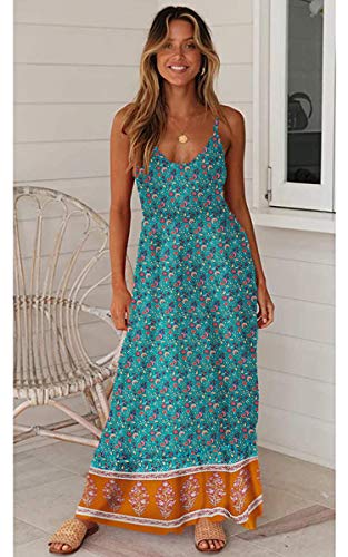 Image of Angashion Women's Dresses Floral Adjustable Spaghetti Strap V Neck Boho Long Maxi Dress Summer Beach Flowy Ethnic Sundress