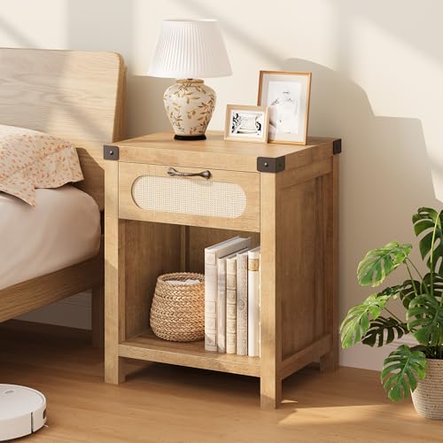 GarveeHome Rattan Night Stands, Farmhouse Bedside Table, Night Stand with Drawer and Open Shelf, Boho End Table for Living Room,Bedroom, Natural