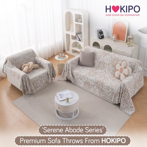 Image of HOKIPO 320 GSM Chenille Sofa Throw Blanket for 3 Seater Sofa - Printed All-Season Sofa Cover, 'Serene Abode Series' Boho Floral Tile (180x310 cm) (AR-6633-D5)
