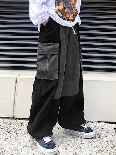 OYOANGLE Men's Streetwear Colorblock Drawstring Waist Wide Leg Baggy Corduroy Cargo Pants4