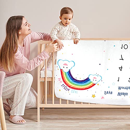 Coperta mensile per bambini in morbido pile spesso motivo nuvole arcobaleno con stelle stampate per neonati pietra miliare del bambino con 4 cornici in feltro per la crescita dell'età (130 x 100 cm)