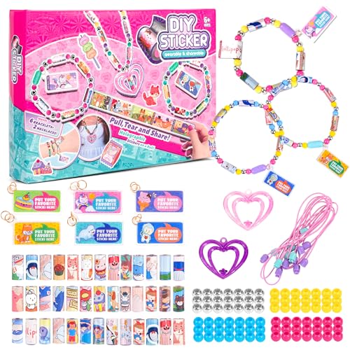 Kids Sticky Rolls Bracelet Kit DIY Sticker Jewelry Toy Wearable Shareable 32 Sticker Rolls Reusable 320 Stickers Sticky Roll Bracelet Necklace Gift Kit with 6 Charms 2 Pendants Many Beads