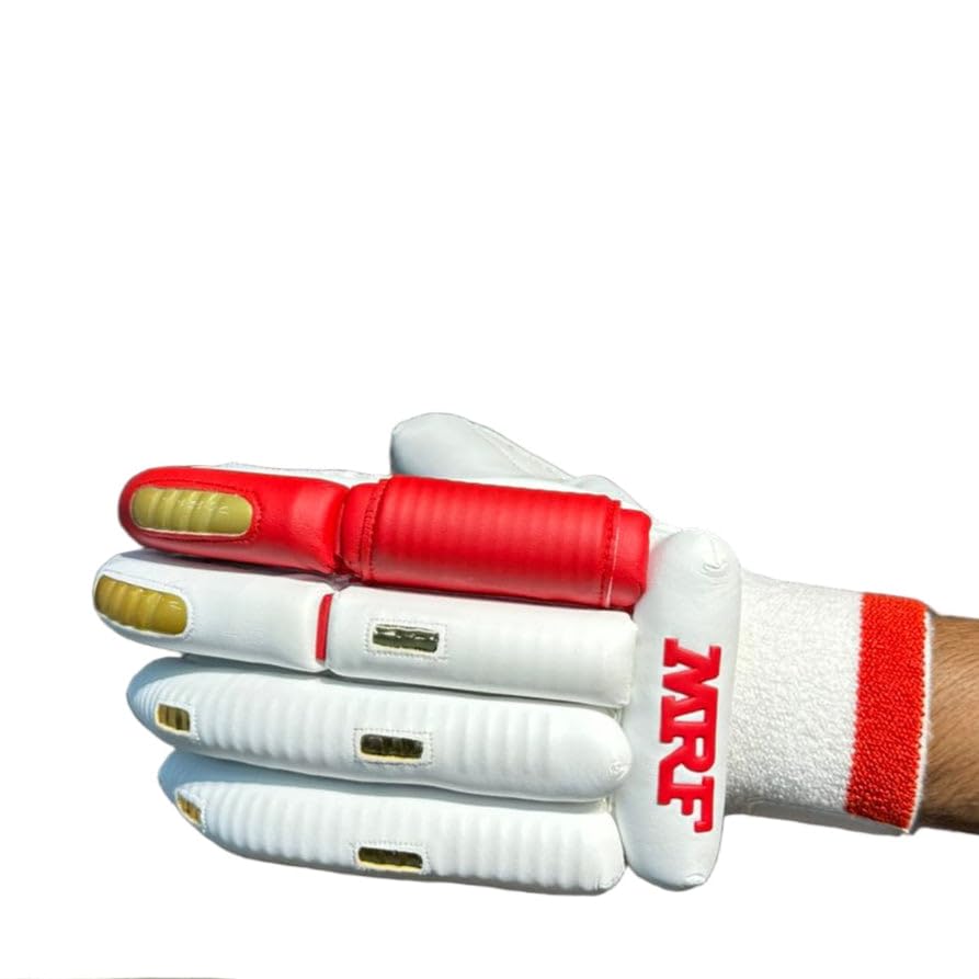 Image of M*R*F Leather Plam Cricket Batting Gloves Geni*us Prince, Shubman Gill Edition White Red Gold, Leather, Professional Protection | Club Play | Tournament | Matches | (White /Red /Gold, Mens RH, Right)