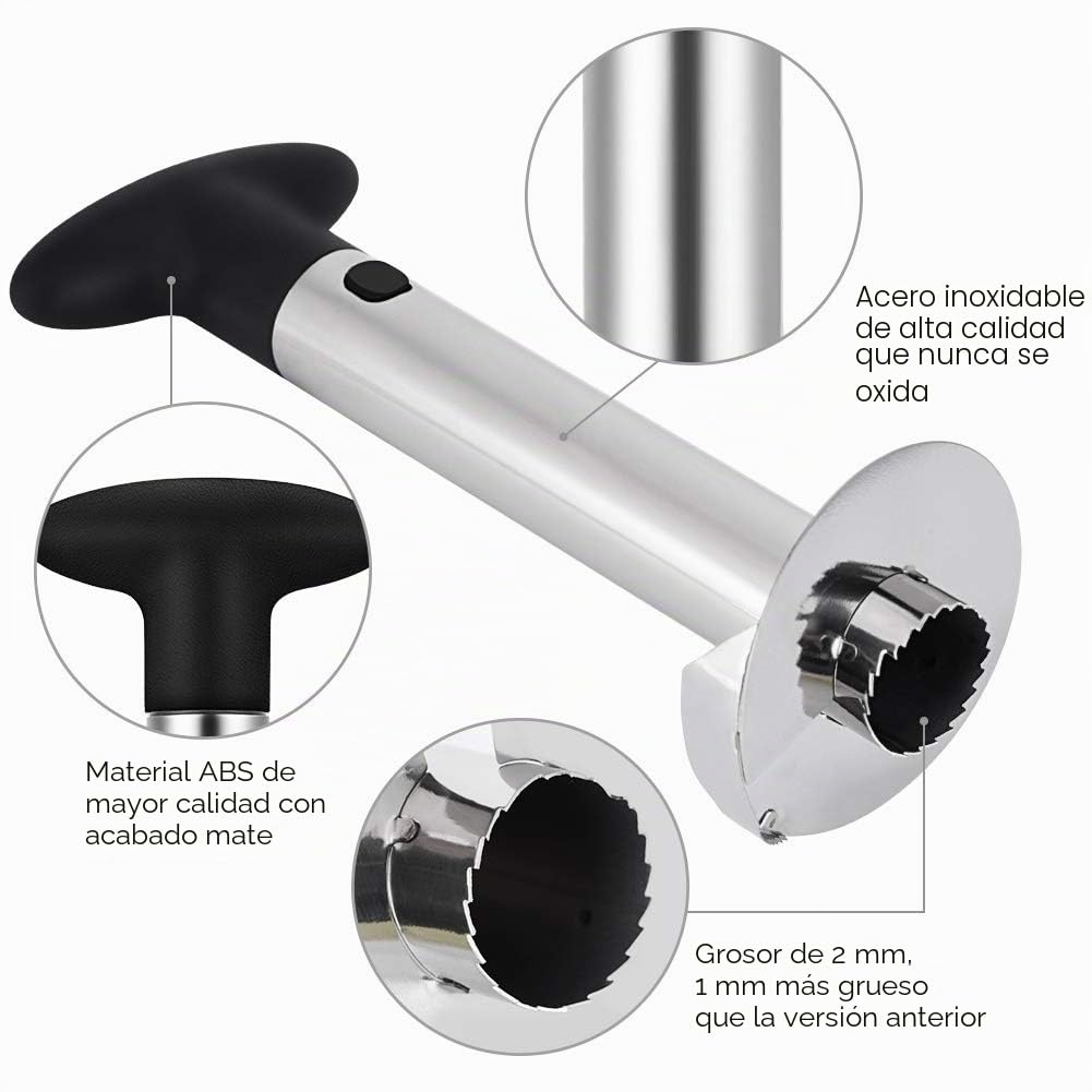 Pelador de Piña: [3-en-1] Inoxidable Acero Cortador de Piña para Pelar y Rebanar y Quitar el Corazón de Piña - con 1 pcs Cuña de Piña & 8 pcs Frutas Tenedores - Include Garantía Un Año (negro)
