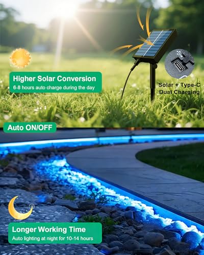 Image of Upgrade Solar Led Strip Lights Outdoor, 20ft Solar Rope Lights Self-Adhesive Waterproof, 8 Mode with Remote Timer and Auto On /Off, Perfect for Deck, Patio, Poolside, Camping Decor, Blue