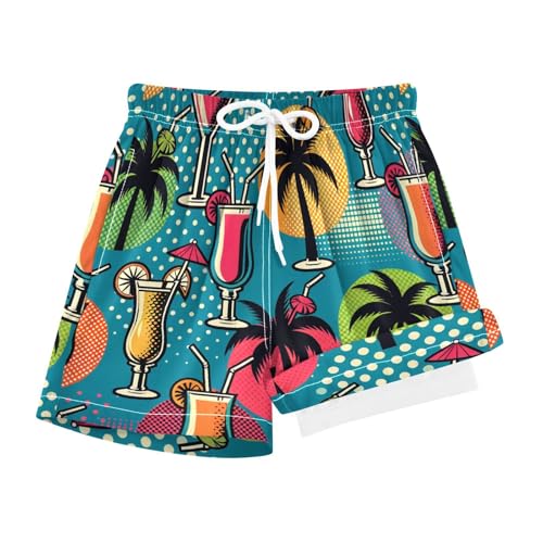 YANENDIE Boy Swim Trunks with Compression Liner Tropical Plam Trees Cocktails Boys Swim Shorts Quick Dry Beach Shorts