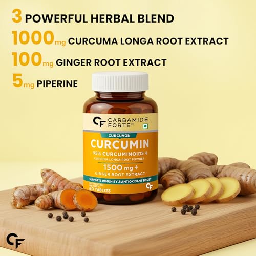 Image of Carbamide Forte Curcumin Tablets with Piperine and 95% Curcuminoids | Anti inflammatory Supplement for Adults | With Curcuma Longa, Turmeric & Ginger Root extract | 60 Veg Tablets