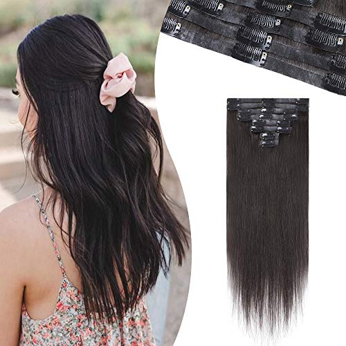 Hairro Seamless Clip in Hair Extensions Real Human Hair with PU Tape Weft for Women 16 Inch Long Natural Black Tape Weft Clip on Human Hairpieces Thin 8 Pcs 18 Clips #1B
