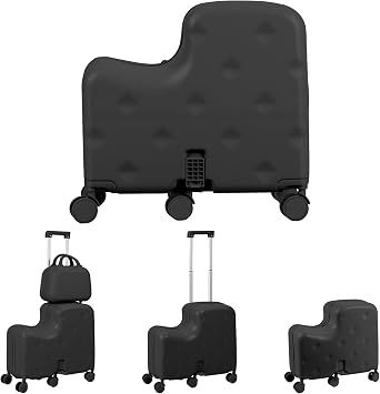 Kids Ride on Suitcase with Wheels, 20" Travel Rolling Luggage with 6 Spinner Wheels,Telescoping Handle and Hidden Cup Holder, Durable Childrens Suitcase for Boys & Girls Ages 5-12 Black