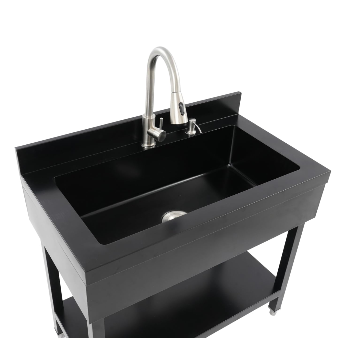 Freistehende Edelstahl-Spülbecken, Großes Einzelbecken Spültisch mit Abtropfkorb & Ausziehbare Wasserhahn, Gewerbliche Küchenspüle Spülschrank für Zuhause Waschküche (90x60x80 cm, Schwarz)