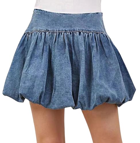 loveimgs Women Cute High Waisted Short Denim Pleated Mini Jean Skirt Ruffle A Line Skirt Y2k Balloon Bubble Skirt2
