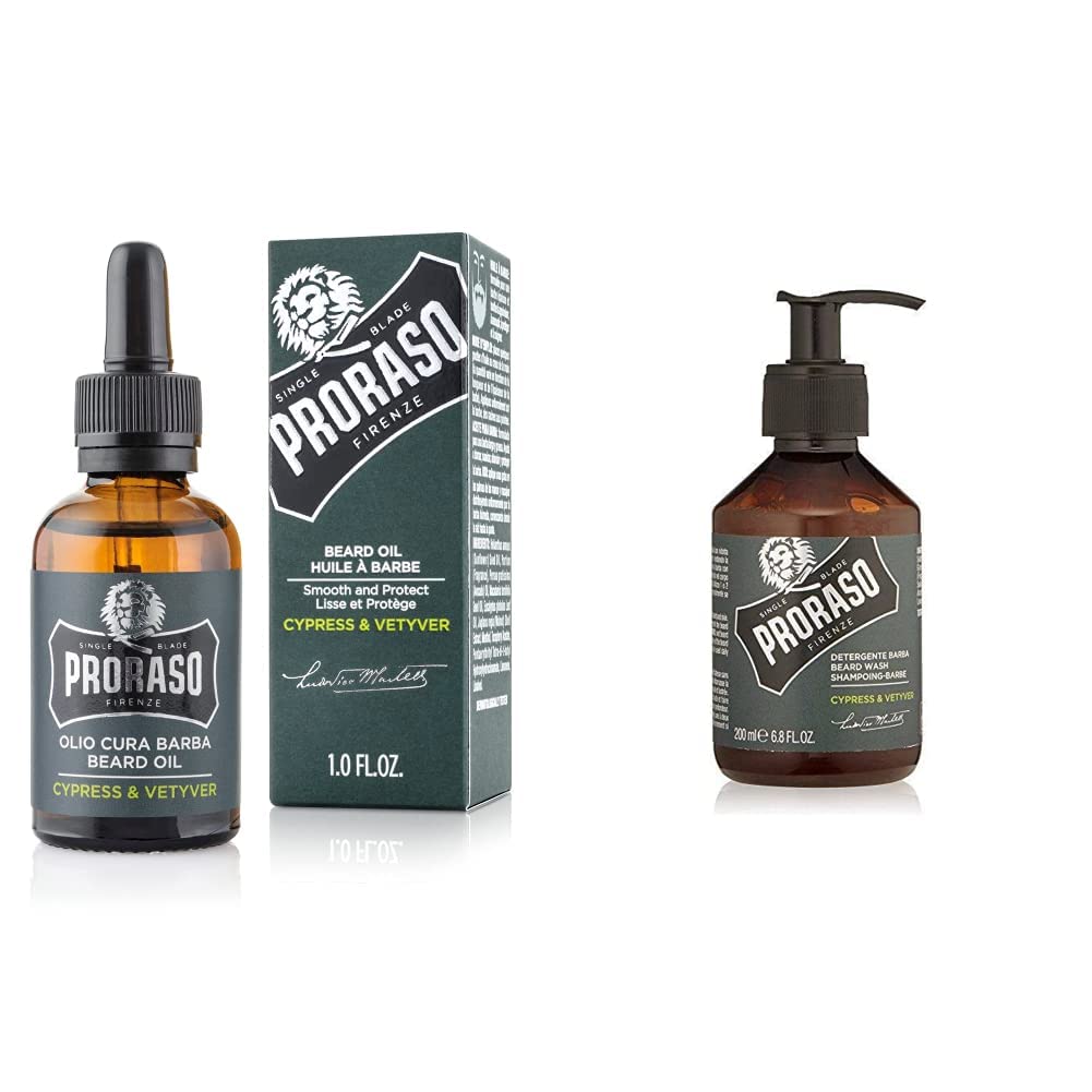 Proraso Aceite barba Cypress & Vetyver, 30 ml, aceite suavizante para barbas largas y rebeldes, para el cuidado barba hombre & Champú para la Barba Cypress Vetyver - 200 ml (400752)