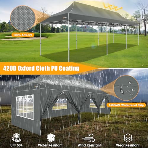 Image of HOTEEL 10x30 Pop Up Commercial Instant Canopy, with 8 Sidewalls for Party Wedding Event Use, Waterproof UV 50+, Thickened Hexagonal Legs, Includes Carry Bag, Grey