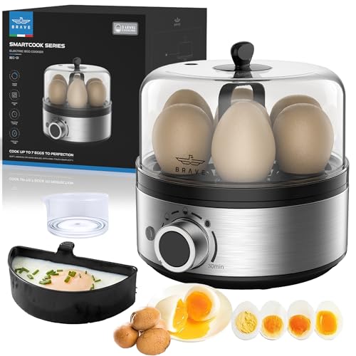 BRAVE Smart Electric Egg Boiler & Cooker | 7 Egg Capacity with 400W Rapid Steam | Precision Rotary Timer Dial with Auto Shut Off & Ding Alert - Steamed Custard Bowl Measuring Cup & Piercer (BEC-01)