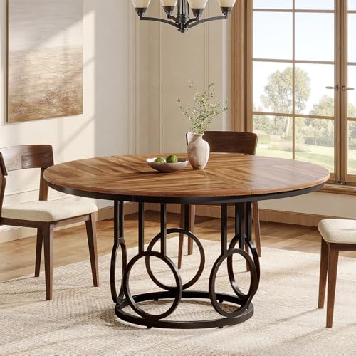 Tribesigns 47-Inch Round Dining Table, Wood Kitchen Table with Sturdy Metal Base for 4-6 People, Large Circle Dinner Table for Dining Room, Kitchen, Living Room (Brown & Black, Only Desk)