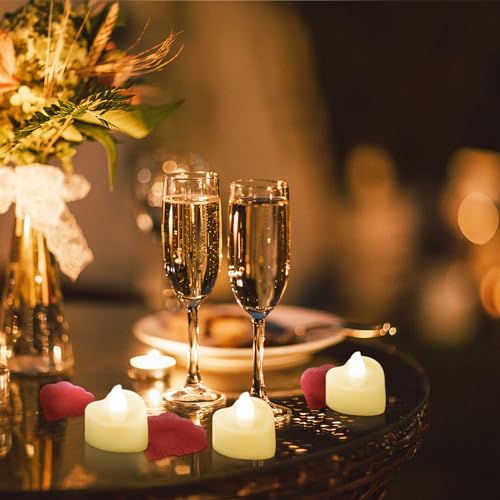 Image of Honoson 1000 Pieces Artificial Yellow Rose Petals with 24 Pcs Flameless Heart Shaped LED Tealights Candles Special Romantic Night Decorations for Proposal Wedding Anniversary Table Decor