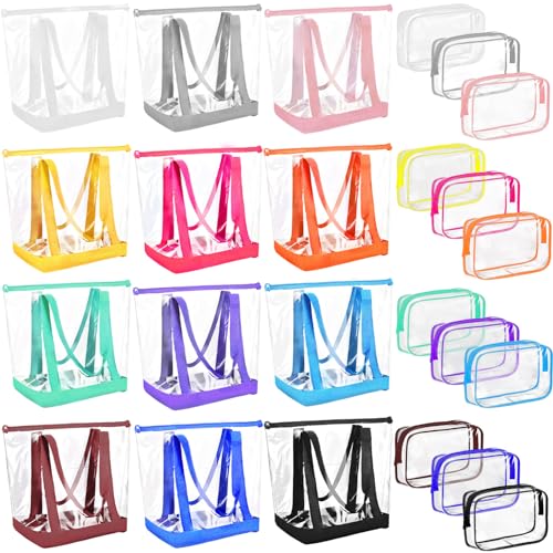 Sweetude 24 Pcs Stadium Approved Clear Tote, Waterproof Bags with Zipper and Cosmetic Pouch for Work Sport Concert(Multicolor)