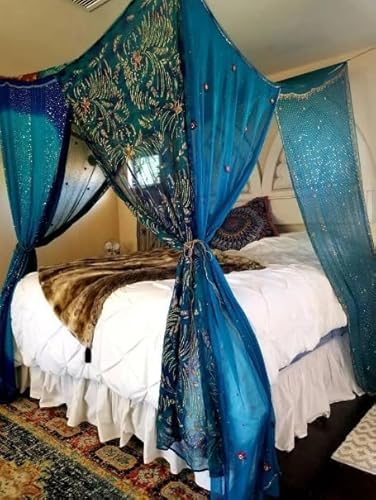 YILLE Bed Canopy Curtains Indian Silk Sari Saree Boho Curtains Bohemian Decor Bohemian Wedding Backdrop (Blue, Queen) YILLE Bed Canopy Curtains Indian Silk Sari Saree Boho Curtains Bohemian Decor Bohemian Wedding Backdrop (Blue, Queen)