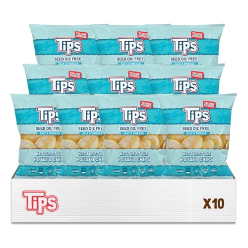 Image of TIPS Potato Chips - Salt & Vinegar | Tallow Cooked - Seed Oil Free & Gluten Free - Kettle Style Potato Chips Made with Potatoes, Beef Tallow, Sea Salt, White Distilled Vinegar & Spices - 10 Pack, 1.75 Ounce Each