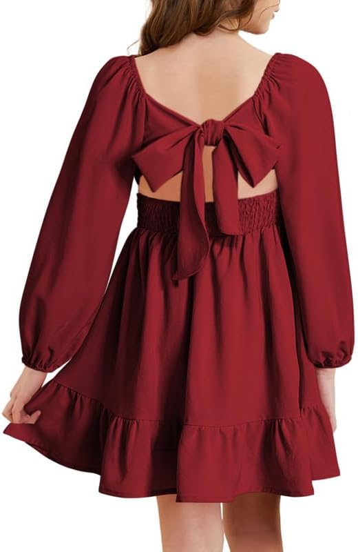 DOKOTOO KIDS Girls Tie Back Off Shoulder Dress Ruffle Long Sleeve Fall Spring Dresses 4-15 Years