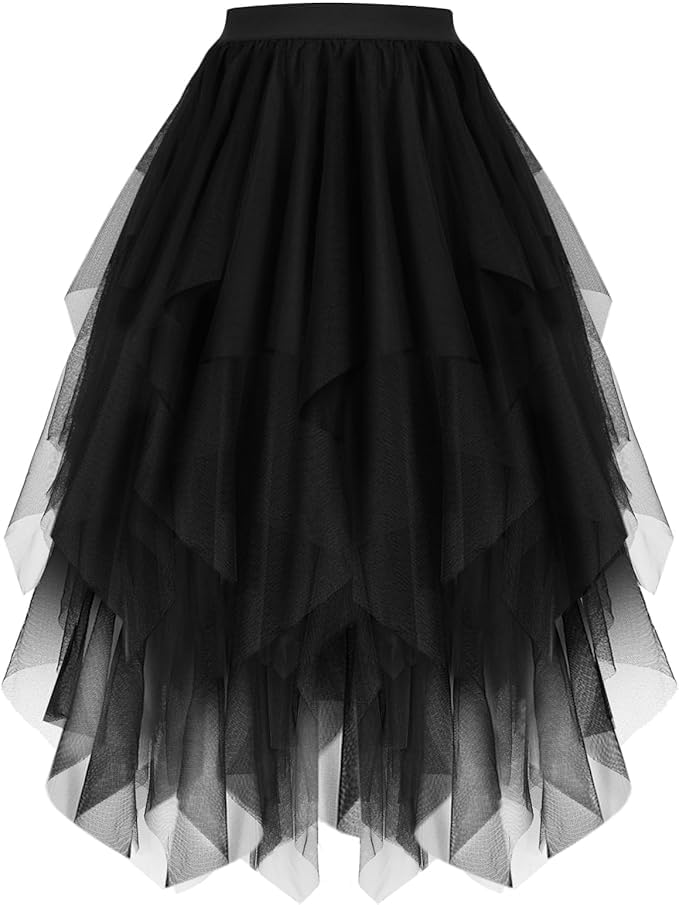WERFORU Jupe en Tulle pour Femmes, Jupe Tutu Plissée Irrégulière à Volants en Tulle pour Le Carnaval et Les Fêtes, Style A-Ligne Midi