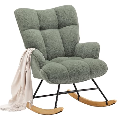 XH.Easy Go Schaukelstuhl Stillsessel Schaukelsessel mit Armlehnen Gepolsterter Schwingsessel Stillstuhl Sessel Relaxsessel für Wohnzimmer Schlafzimmer Babyzimmer, Bis 136kg Belastbar, Grün