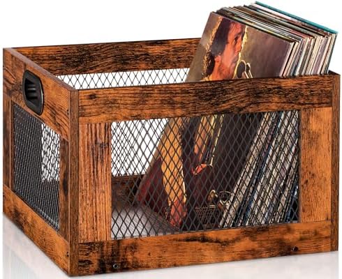 3IngSeagulls Vinyl Record Storage Crate Wooden Record Holder, Classic Cube Record Organizer Storage 100+ Records, Brown Color Vinyl Record Holder for Albums Super Easy to Assemble