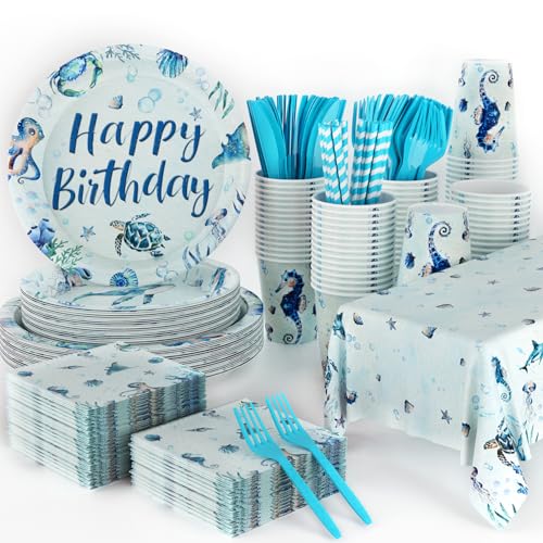 141Pcs Under the Sea Party Supplies for Ocean Theme Birthday Party Decorations Disposable Tableware Set Inculde Plates Napkins Knives Forks Straws Cup and Tablecloth