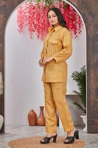 Image of Women's Yellow Rayon Co-Ord Set | Unique Style Collar Neck Full Sleeve Shirt & Matching Pants | Thread Work Ethnic Wear Kurta Set