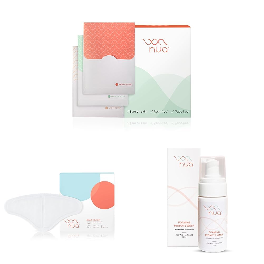 Nua Ultra Thin Rash Free Leak Proof Assorted Sanitary Pads + Nua Cramp Comfort (3 Heat Patches) + Nua Foaming Intimate Wash (100ml) Combo