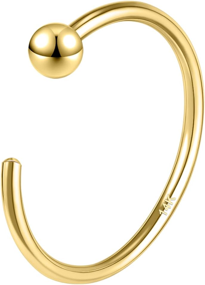 SYLWIA 14K Solid Gold Nose Hoop Nose Ring, Real Gold Hypoallergenic Nose Piercing Jewelry - Handmade Tiny 20G 18G Nose Hoop for Women Men