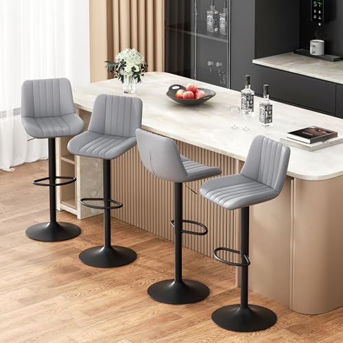 Image of JAMFLY Modern Leather Bar Stools - Swivel & Height-Adjustable Bar Chairs with Footrest, Ergonomic Design for Kitchen Island, Home & Commercial Bar - Set of 4, Grey