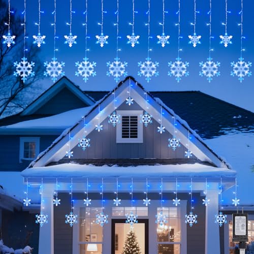 13 Ft 192 LED Snowflake Christmas Icicle Lights with 16 Drops, 8 Modes and Timer, IP65 Waterproof Connectable for Indoor Outdoor House Window, Blue and White by Brightown - Used condition - US$8.59