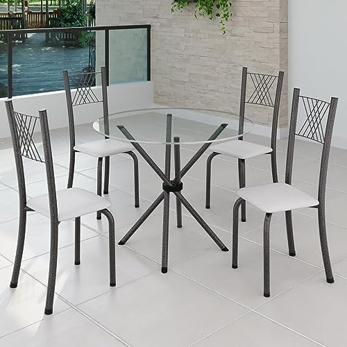 Conjunto de Jantar Mesa Tampo Redondo de Vidro Incolor com 4 Cade...