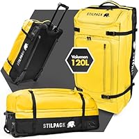 Stilpack Reisetasche mit 2 Rollen bis 120L Gelb | Große Reisetrolley mit integriertem Sicherheitsschloss | Reisekoffer Duffle Bag Sporttasche Rollkoffer | Perfekt für Urlaub Outdoor Sport